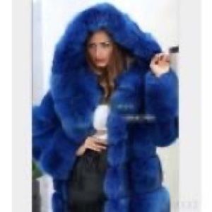 Blue mink faux fur hooded coat